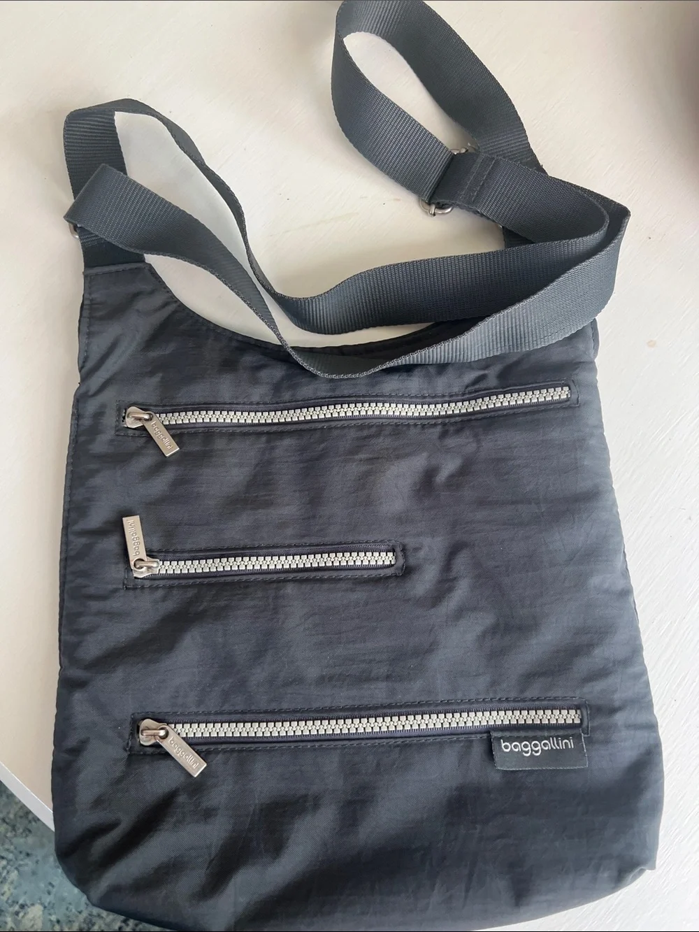 Baggallini Charcoal Nylon Crossbody Messenger Bag with Silver Zippers